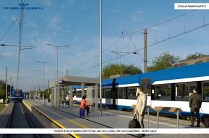 Wizualizacja peronu Rabka Zaryte z bliska. Na peronie, zlokalizowane są elementy małej architektury m.in. zadaszone wiaty przystankowe oraz ławki. 