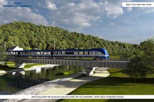 Wizualizacja mostu kolejowego, po którym przejeżdża elektryczny zespół trakcyjny. 