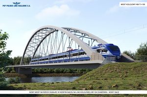Wizualizacja mostu kolejowego, po którym przejeżdża elektryczny zespół trakcyjny. 