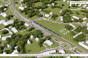 Wizualizacja docelowego układu drogowego w Rabce - Zdrój obejmująca m.in.  wiadukt kolejowy wraz z towarzyszącą infrastrukturą. 