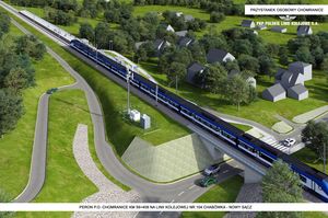 Wizualizacja przedstawia peron przystanku osobowego Chomranice, km 59+408 na linii kolejowej nr 104 Chabówka - Nowy Sącz